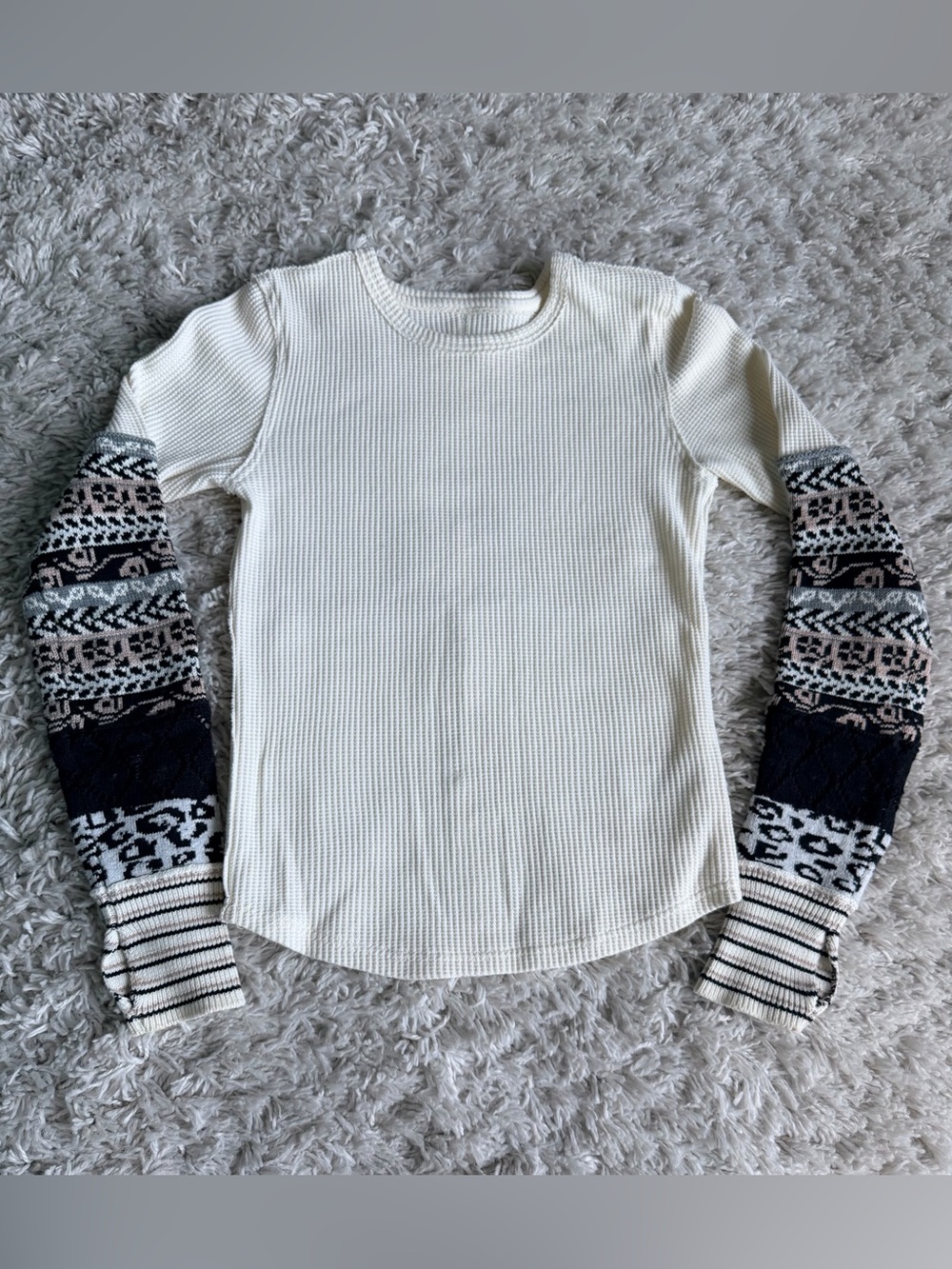 Free People We The Free Thermal Top Small Cream Knit Sleeve Thumb Holes